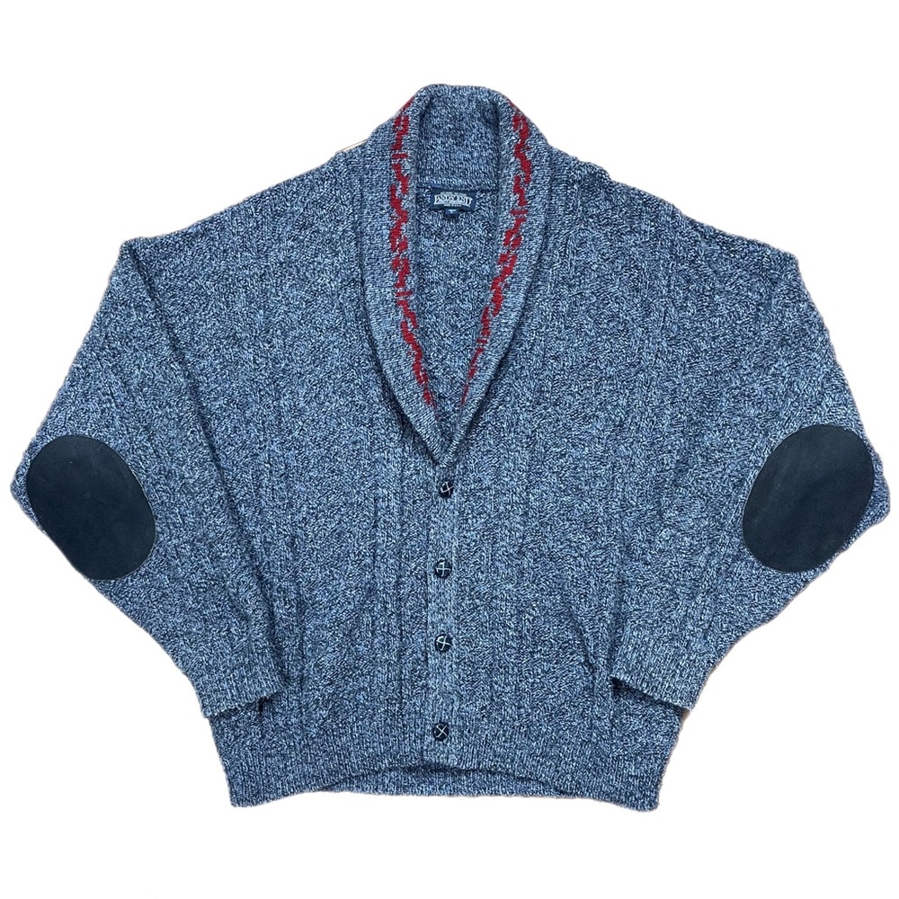 Lands' End Blue Shawl Collar Cardigan with Red Trim and Black Elbow Patches